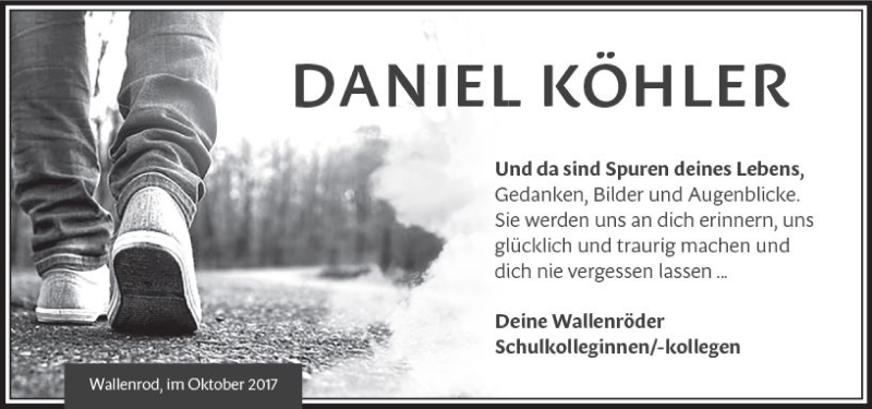  Traueranzeige für Daniel Köhler vom 21.10.2017 aus VRM Trauer
