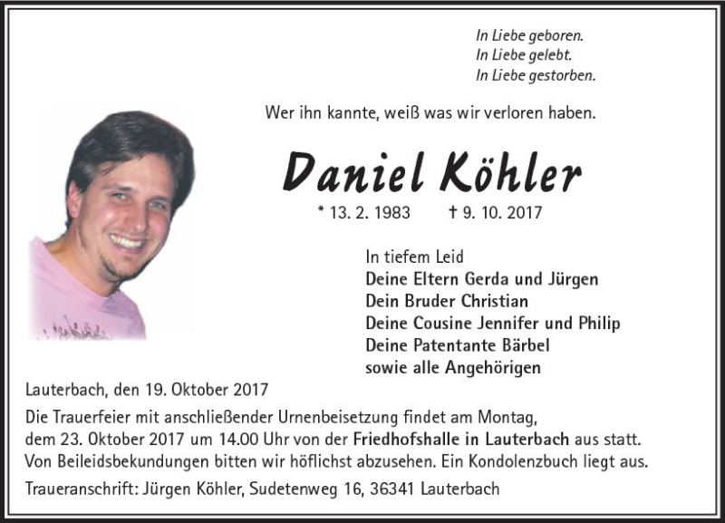  Traueranzeige für Daniel Köhler vom 19.10.2017 aus VRM Trauer