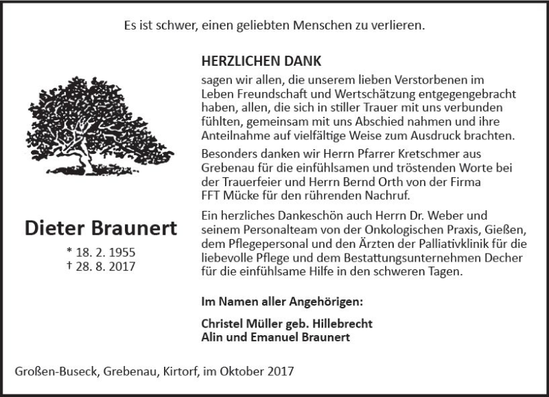  Traueranzeige für Dieter Braunert vom 14.10.2017 aus VRM Trauer
