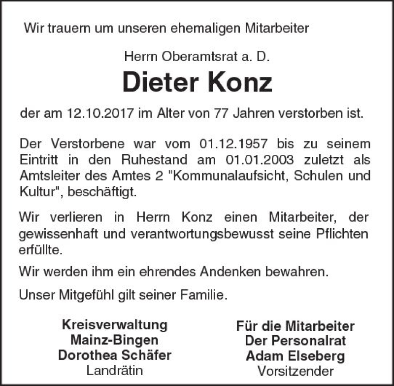 Traueranzeige für Dieter Konz vom 18.10.2017 aus Trauerportal Rhein Main Presse