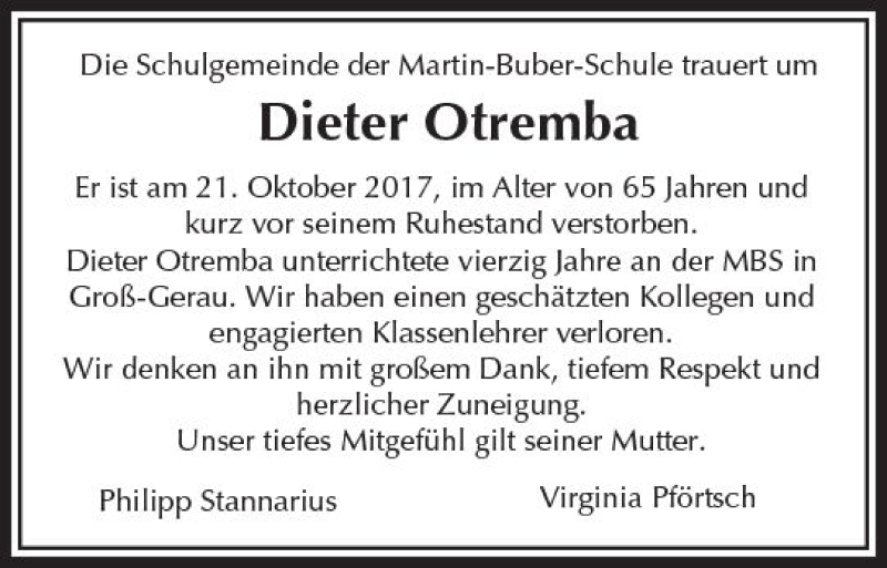  Traueranzeige für Dieter Otremba vom 28.10.2017 aus Trauerportal Echo Online