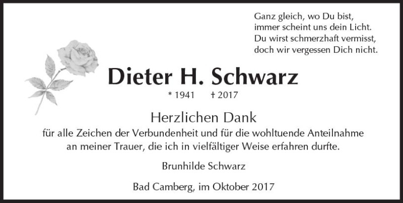  Traueranzeige für Dieter H. Schwarz vom 26.10.2017 aus  Camberger Anzeiger