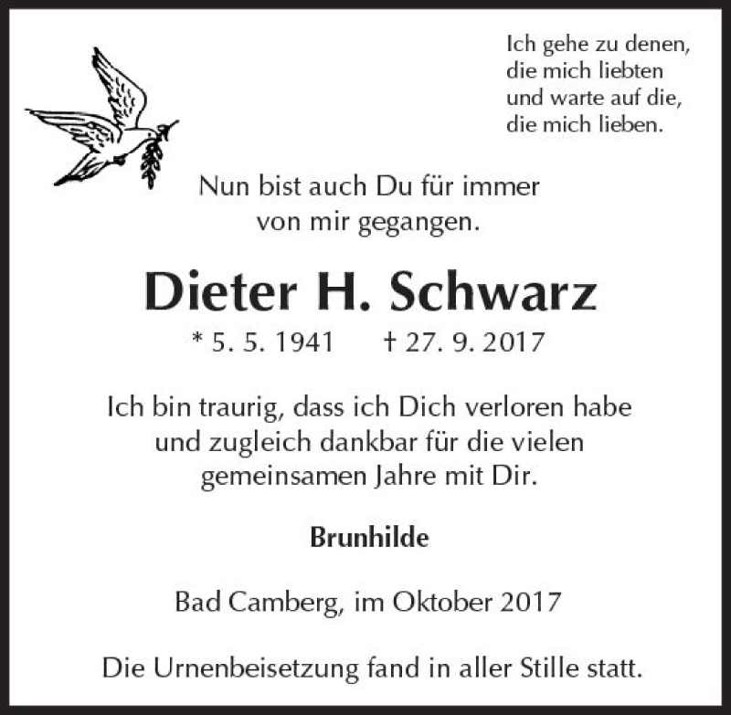 Traueranzeige für Dieter H. Schwarz vom 12.10.2017 aus  Camberger Anzeiger