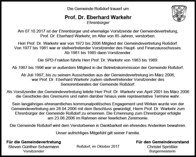  Traueranzeige für Eberhard Warkehr vom 11.10.2017 aus Trauerportal Echo Online