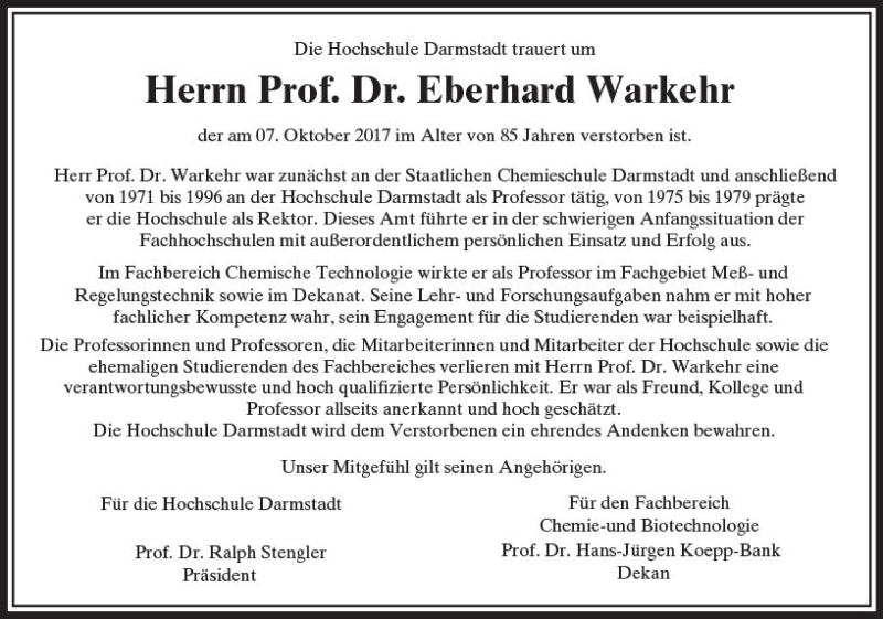  Traueranzeige für Eberhard Warkehr vom 14.10.2017 aus Trauerportal Echo Online