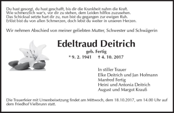 Traueranzeige von Edeltraud Deitrich von Trauerportal Echo Online