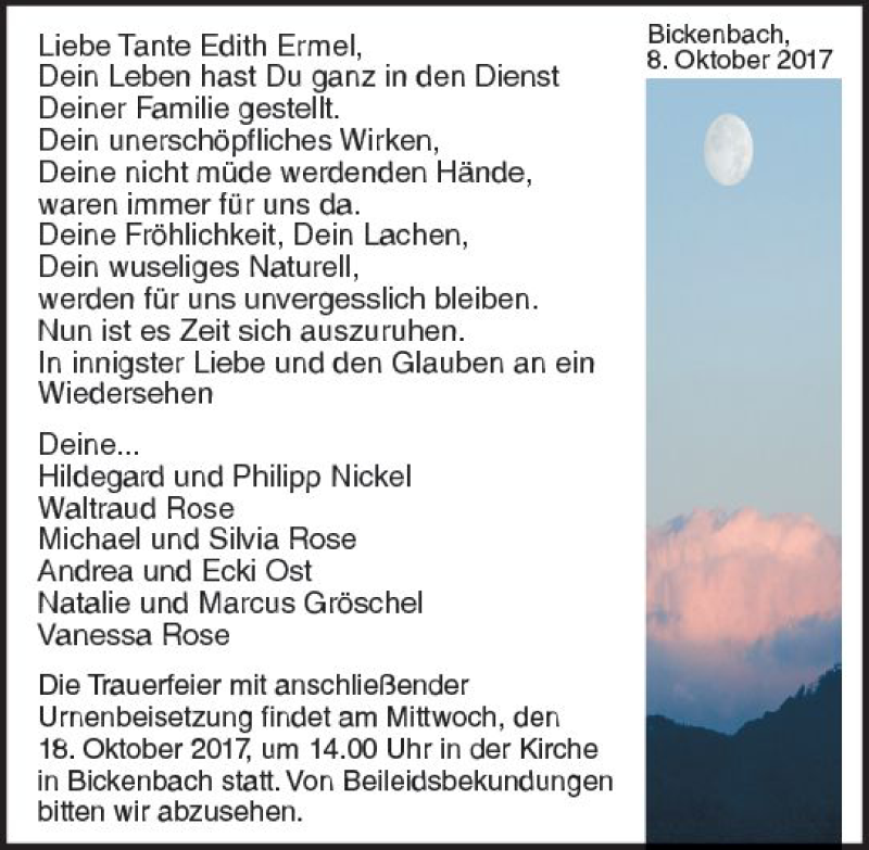  Traueranzeige für Edith Ermel vom 14.10.2017 aus Trauerportal Echo Online