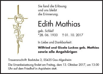 Traueranzeige von Edith Mathias von Trauerportal Rhein Main Presse