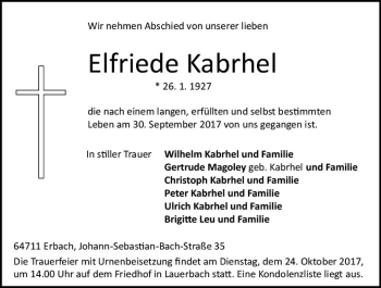 Traueranzeige von Elfriede Kabrhel von Trauerportal Echo Online
