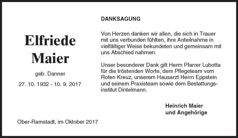  Traueranzeige für Elfriede Maier vom 07.10.2017 aus Trauerportal Echo Online