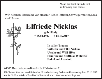 Traueranzeige von Elfriede Nicklas von Trauerportal Rhein Main Presse