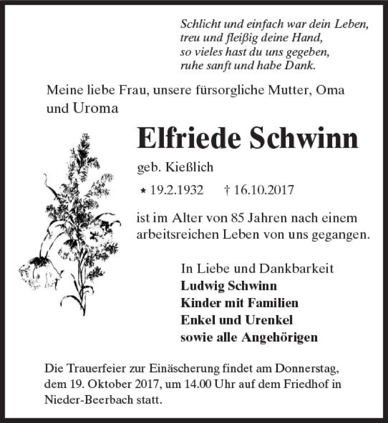  Traueranzeige für Elfriede Schwinn vom 18.10.2017 aus Trauerportal Echo Online