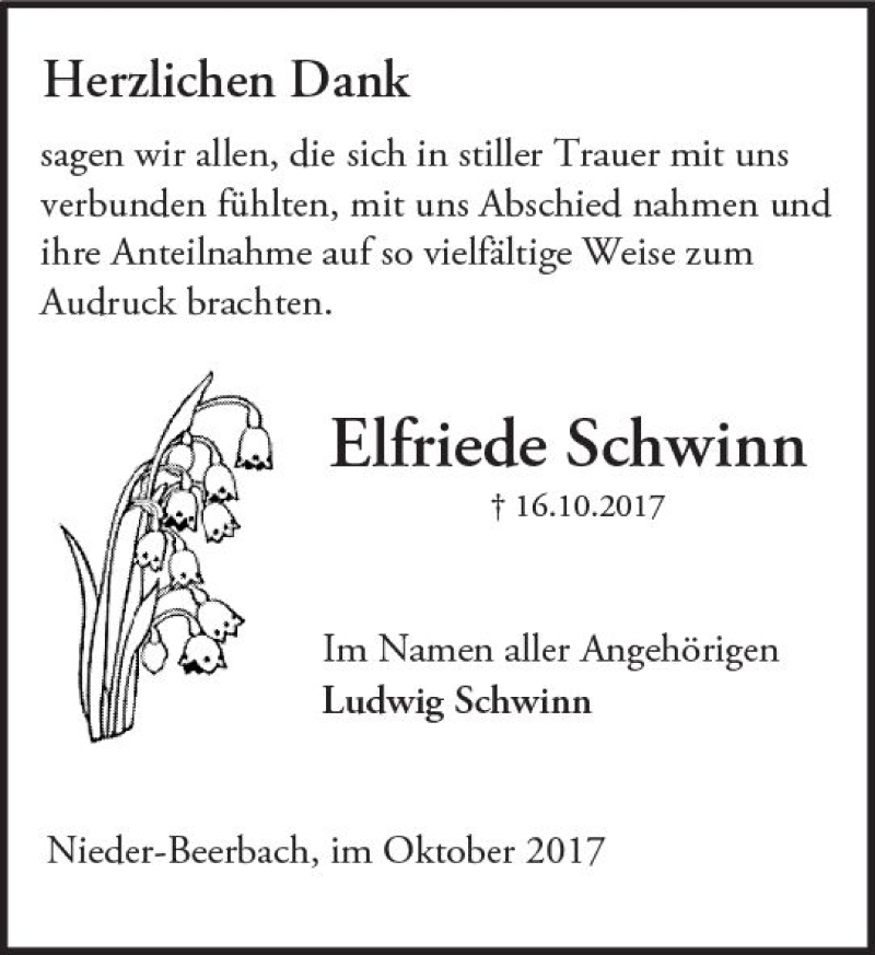  Traueranzeige für Elfriede Schwinn vom 28.10.2017 aus Trauerportal Echo Online