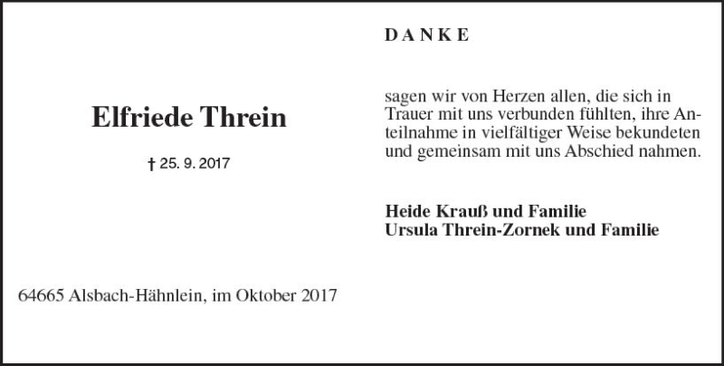  Traueranzeige für Elfriede Threin vom 14.10.2017 aus Trauerportal Echo Online