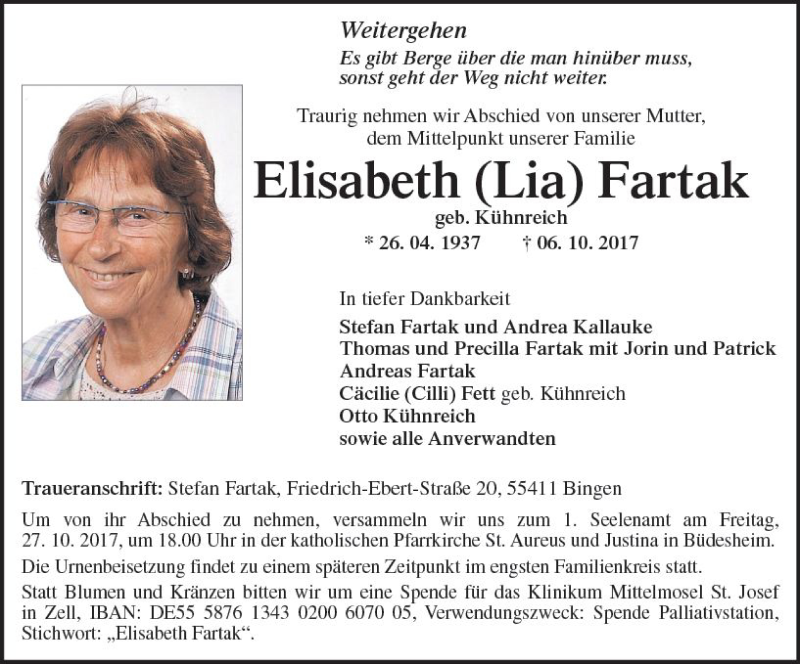  Traueranzeige für Elisabeth Fartak vom 14.10.2017 aus Trauerportal Rhein Main Presse
