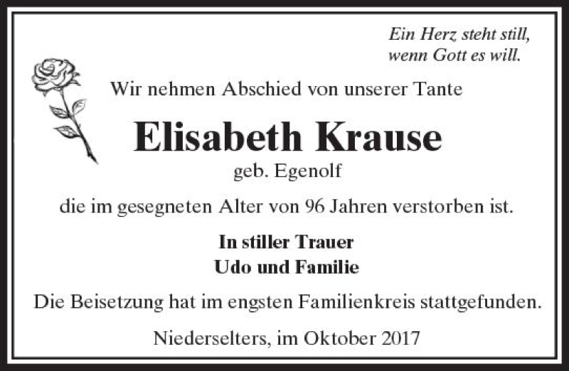  Traueranzeige für Elisabeth Krause vom 19.10.2017 aus  Camberger Anzeiger