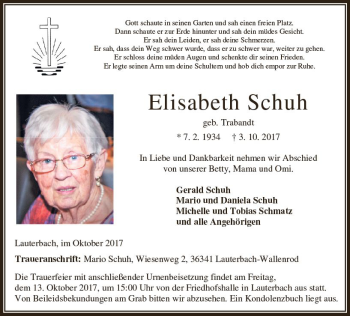 Traueranzeige von Elisabeth Schuh von VRM Trauer