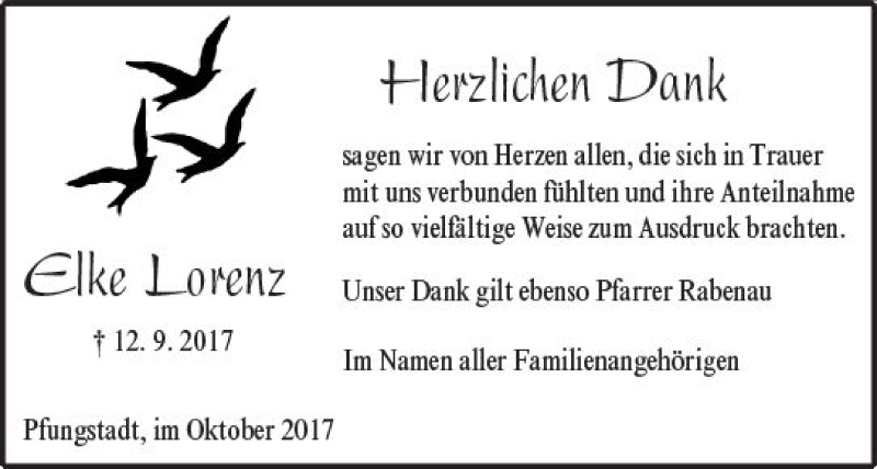  Traueranzeige für Elke Lorenz vom 07.10.2017 aus Trauerportal Echo Online