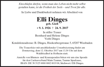 Traueranzeige von Elli Dinges von Trauerportal Rhein Main Presse