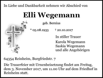 Traueranzeige von Elli Wegemann von Trauerportal Echo Online