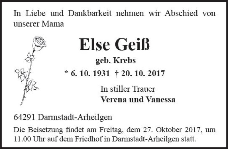  Traueranzeige für Else Geiß vom 24.10.2017 aus Trauerportal Echo Online