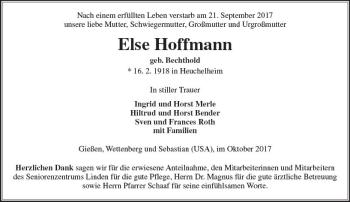 Traueranzeige von Else Hoffmann von  Gießener Anzeiger