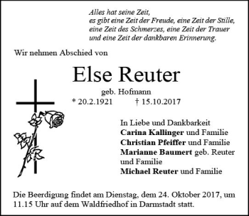 Traueranzeige von Else Reuter von Trauerportal Echo Online