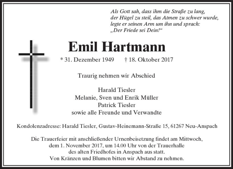  Traueranzeige für Emil Hartmann vom 25.10.2017 aus  Usinger Anzeiger