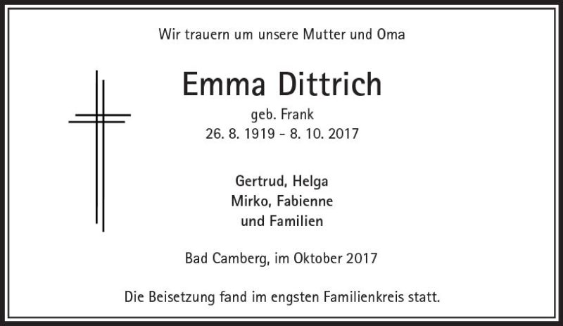 Traueranzeige für Emma Dittrich vom 19.10.2017 aus  Camberger Anzeiger