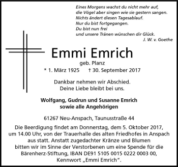 Traueranzeige von Emmi Emrich von  Usinger Anzeiger
