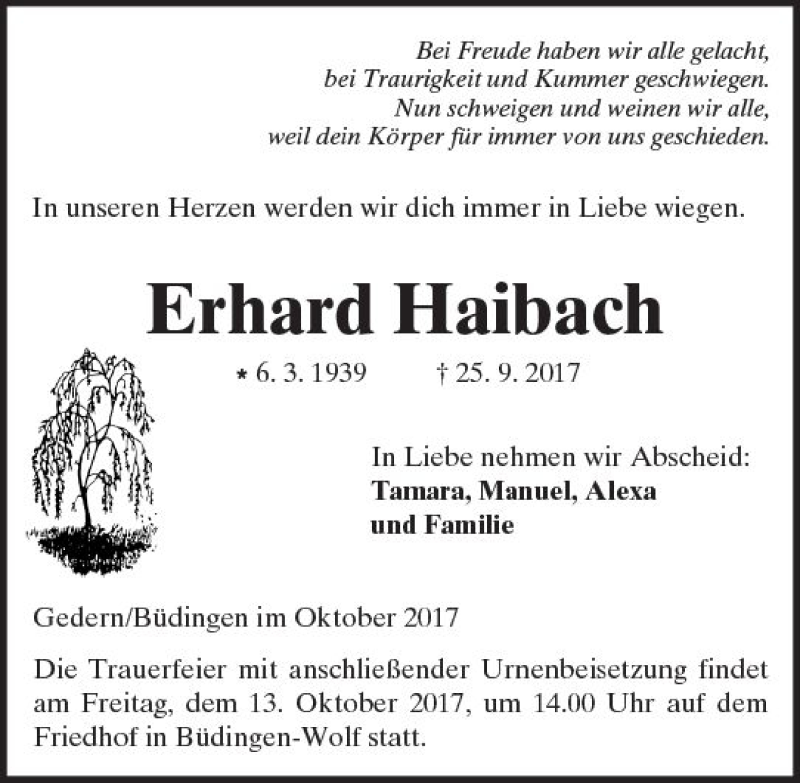  Traueranzeige für Erhard Haibach vom 10.10.2017 aus  Kreisanzeiger