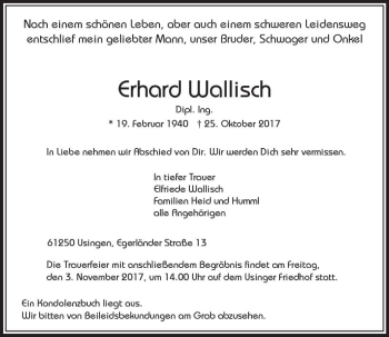 Traueranzeige von Erhard Wallisch von  Usinger Anzeiger