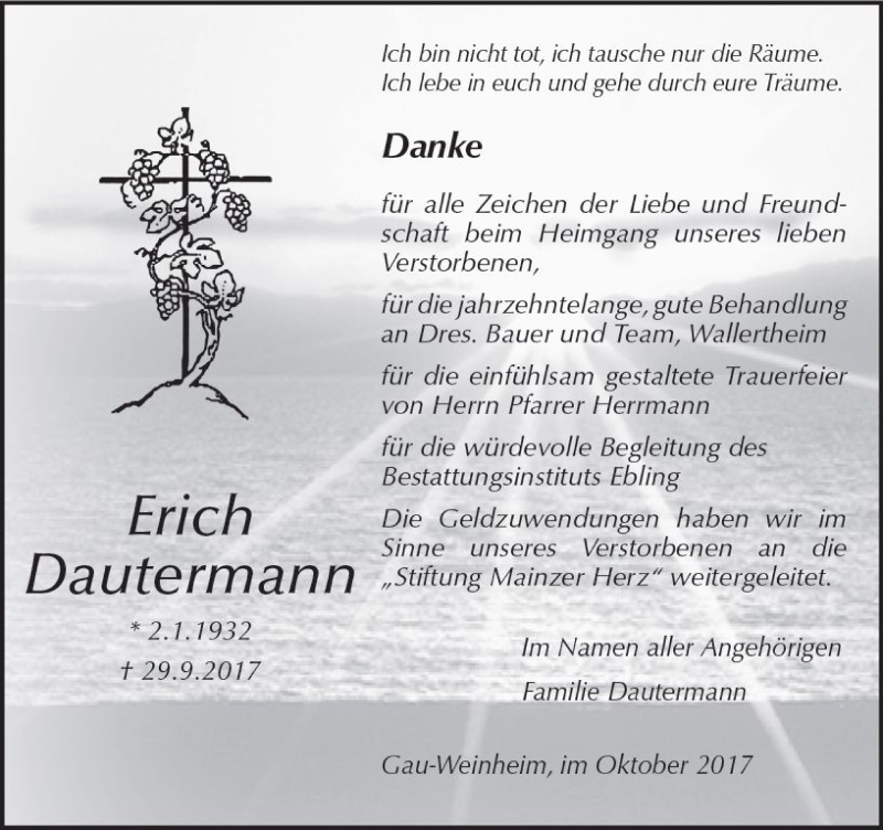  Traueranzeige für Erich Dautermann vom 28.10.2017 aus Trauerportal Rhein Main Presse
