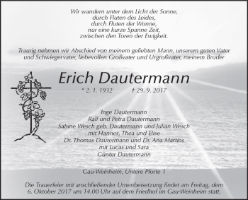 Traueranzeige von Erich Dautermann von Trauerportal Rhein Main Presse