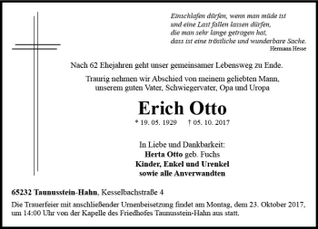 Traueranzeige von Erich Otto von Trauerportal Rhein Main Presse