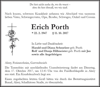 Traueranzeige von Erich Porth von Trauerportal Rhein Main Presse