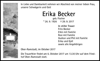 Traueranzeige von Erika Becker von Trauerportal Echo Online