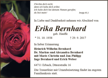 Traueranzeige von Erika Bernhard von Trauerportal Echo Online