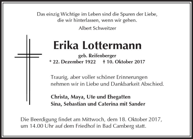  Traueranzeige für Erika Lottermann vom 12.10.2017 aus  Camberger Anzeiger