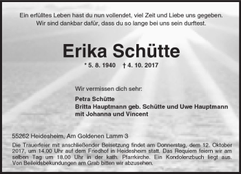 Traueranzeige von Erika Schütte von Trauerportal Rhein Main Presse