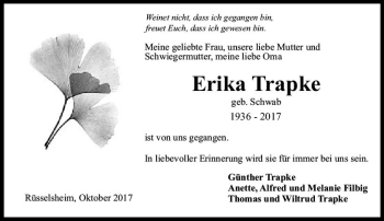 Traueranzeige von Erika Trapke von Trauerportal Rhein Main Presse