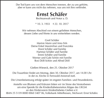 Traueranzeige von Ernst Schäfer von  Gießener Anzeiger