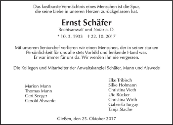 Traueranzeige von Ernst Schäfer von  Gießener Anzeiger