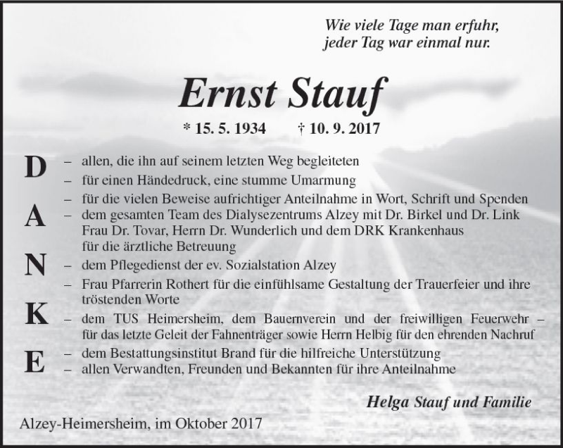  Traueranzeige für Ernst Stauf vom 21.10.2017 aus Trauerportal Rhein Main Presse