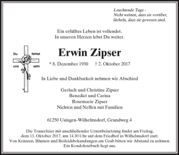 Traueranzeige von Erwin Zipser von  Usinger Anzeiger