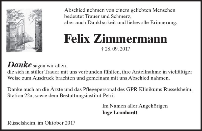  Traueranzeige für Felix Zimmermann vom 28.10.2017 aus Trauerportal Rhein Main Presse