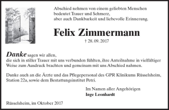 Traueranzeige von Felix Zimmermann von Trauerportal Rhein Main Presse
