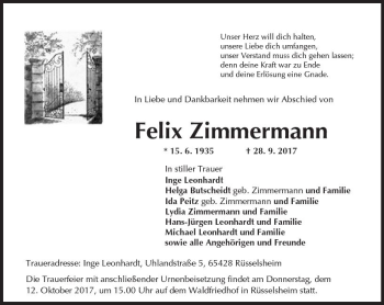 Traueranzeige von Felix Zimmermann von Trauerportal Rhein Main Presse