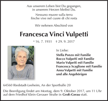 Traueranzeige von Francesca Vinci Vulpetti von Trauerportal Echo Online