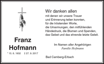 Traueranzeige von Franz Hofmann von  Camberger Anzeiger